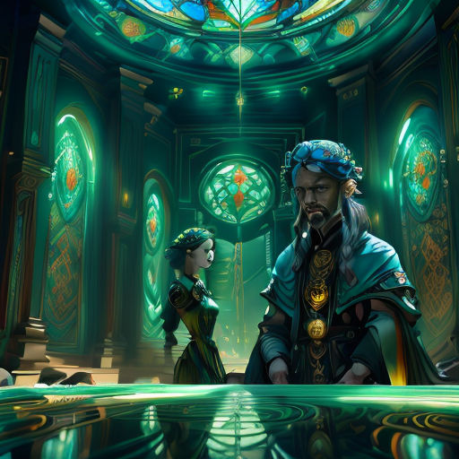 a man and a woman in a green room with stained glass windows and a stained glass ceiling above them