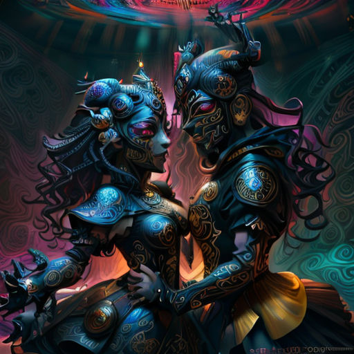 two women dressed in costumes and masks are standing together in front of a large painting of a demon and demon