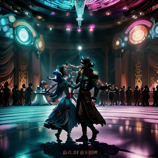 a couple of people that are dancing in a room with lights on the ceiling and a ceiling fan behind them