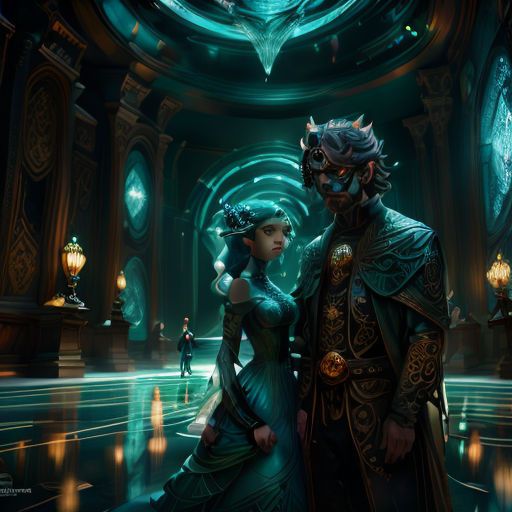 a man and a woman dressed in medieval clothing standing in a hall with a clock on the wall and a ceiling