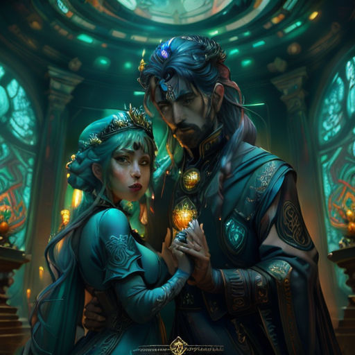 a couple of people standing next to each other in a room with a clock on the wall and a ceiling