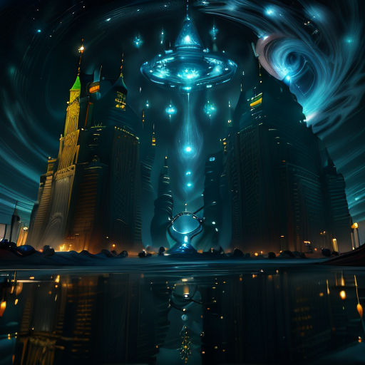 a futuristic city with a futuristic sky and a large blue object in the middle of the image is a reflection of the city