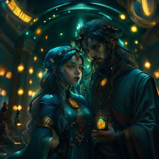 a man and woman in a dark room with lights on them and a man holding a lantern in his hand