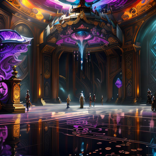 a futuristic building with a lot of people walking around it and a lot of lights on the ceiling and ceiling