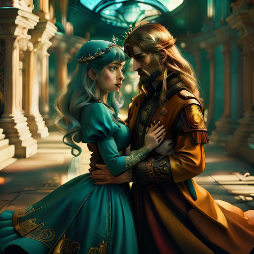 a man and a woman dressed in medieval clothing are embracing in a hallway of a palace or building with columns