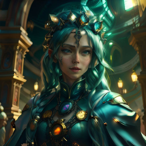 a woman with blue hair and a crown on her head in a room with lights and a clock tower