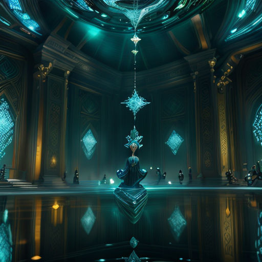 a futuristic room with a chandelier and a mirror reflecting the ceiling and flooring and a man sitting on a chair