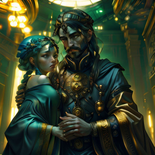 a man and woman dressed in medieval clothing standing next to each other in a room with lights on the ceiling