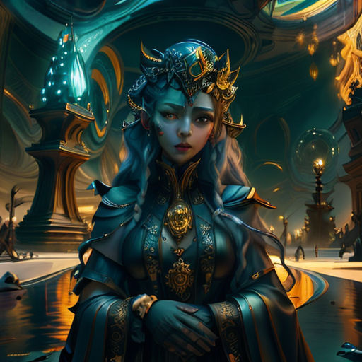 a woman in a blue dress and a gold crown standing in a room with a clock on the wall
