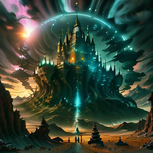 a castle in the sky with a lot of clouds above it and a lot of trees in the foreground
