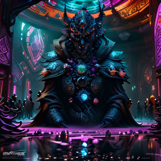 a digital painting of a demon in a dark room with a purple light and a blue light above it
