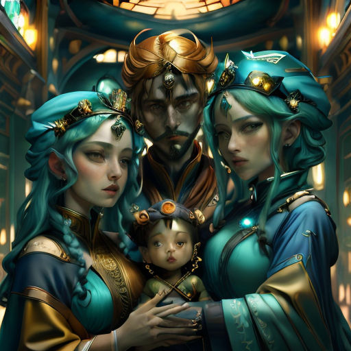 a painting of a family of three wearing costumes and holding a baby in their arms, with a stained glass window in the background