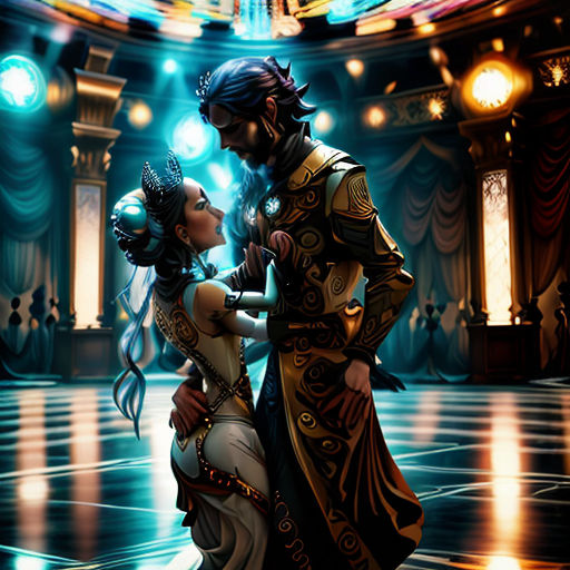 a couple dressed in medieval costumes dancing in a ballroom with lights on the ceiling and a stage behind them