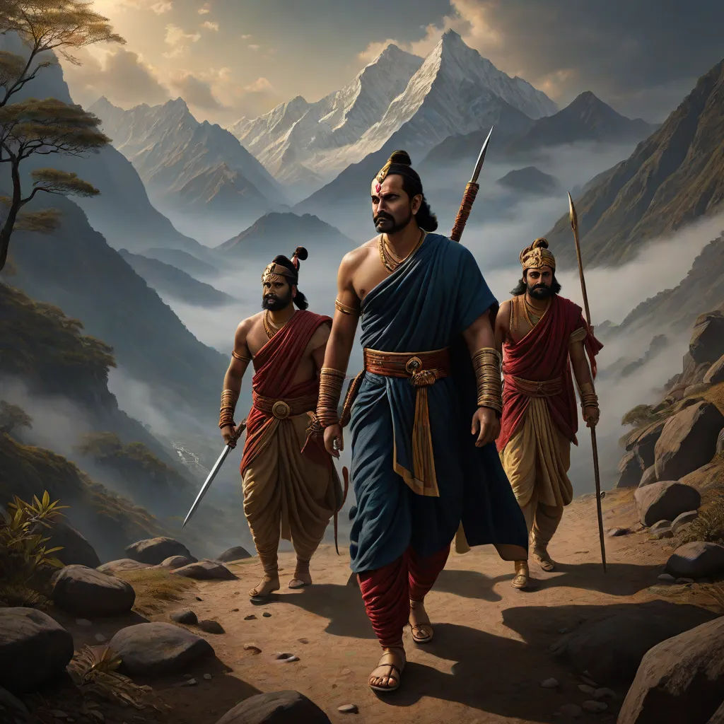 a painting of three men walking in the mountains with two of them carrying swords and two of them carrying a staff, Christophe Vacher, samikshavad, a detailed matte painting, official art