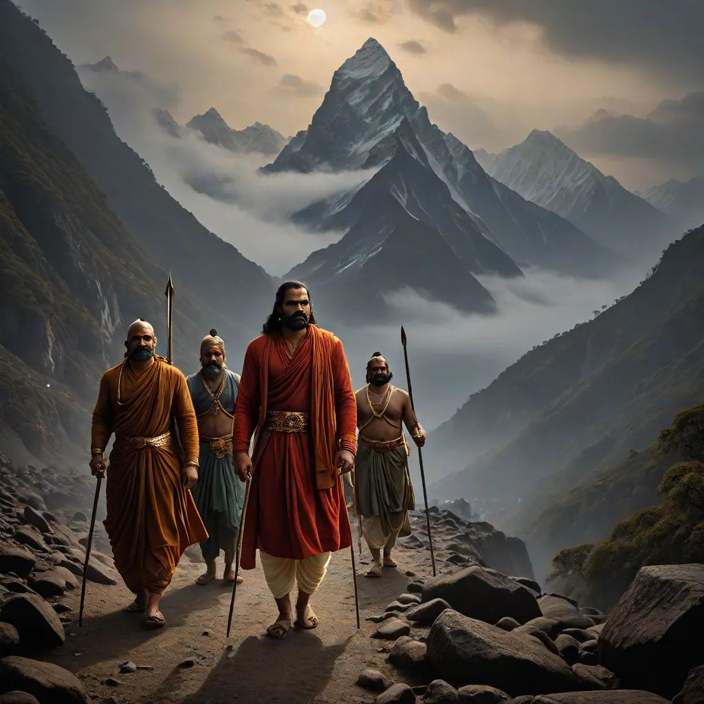 a group of men walking down a mountain side road with mountains in the background and a sun setting behind them, Bholekar Srihari, samikshavad, a detailed matte painting, cinematic matte painting