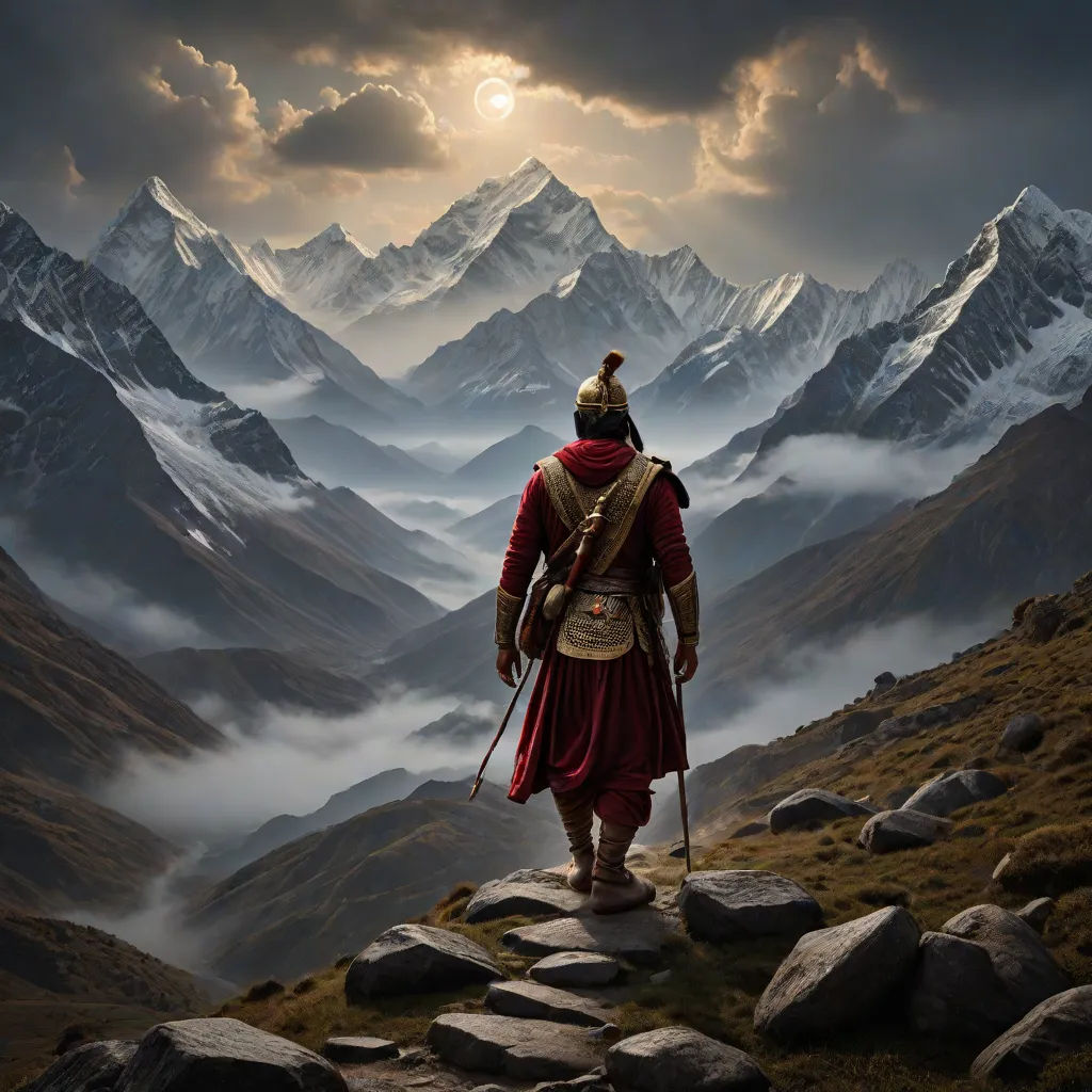 a man in a red outfit is walking up a hill with a backpack and a backpack on his back, Filip Hodas, fantasy art, a detailed matte painting, cinematic matte painting