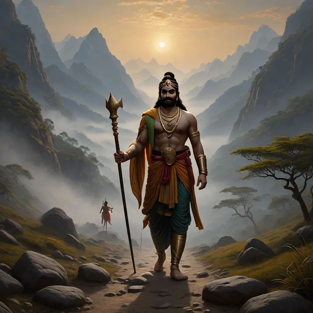 a painting of a man with a beard and a beard holding a staff in his hand and standing on a path, Christophe Vacher, samikshavad, a detailed matte painting, 4k uhd image