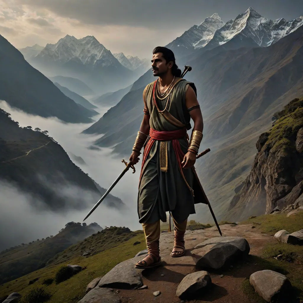 a man in a costume standing on a mountain top with a sword in his hand and a mountain range in the background, Bholekar Srihari, samikshavad, a detailed matte painting, unreal engine 5