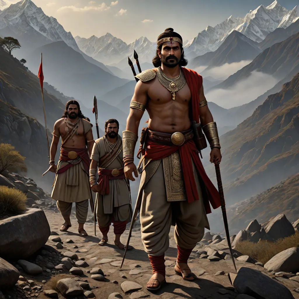 a group of men walking down a rocky road next to mountains and a mountain range in the background with a sky, Bholekar Srihari, samikshavad, a detailed matte painting, cgstudio