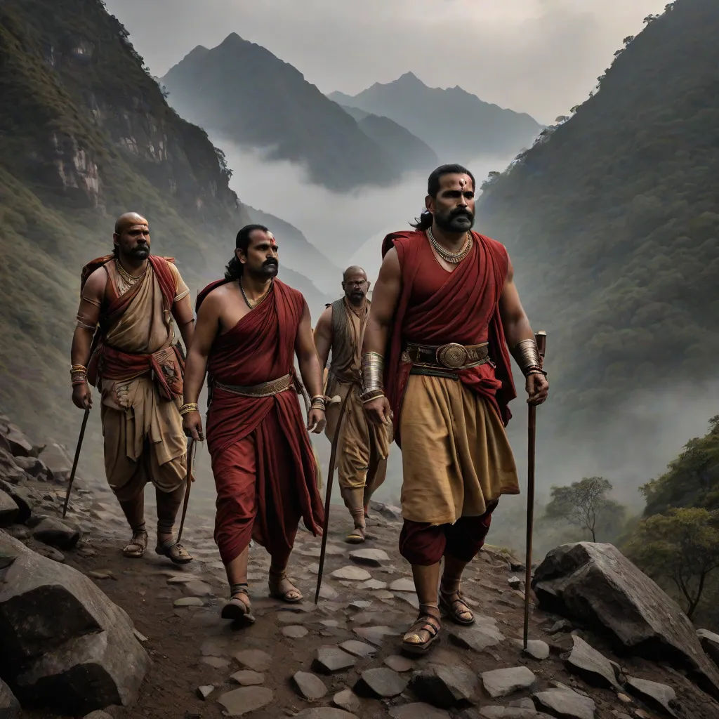 a group of men walking down a rocky path in the mountains with a mountain range in the background and fog in the air, Bholekar Srihari, samikshavad, a detailed matte painting, cinematic photography
