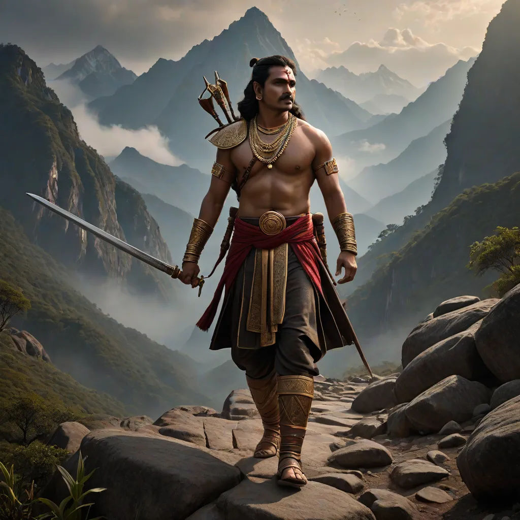 a man in a costume with a sword and a sword in his hand walking on a rocky path in front of mountains, Bholekar Srihari, samikshavad, a detailed matte painting, promotional image