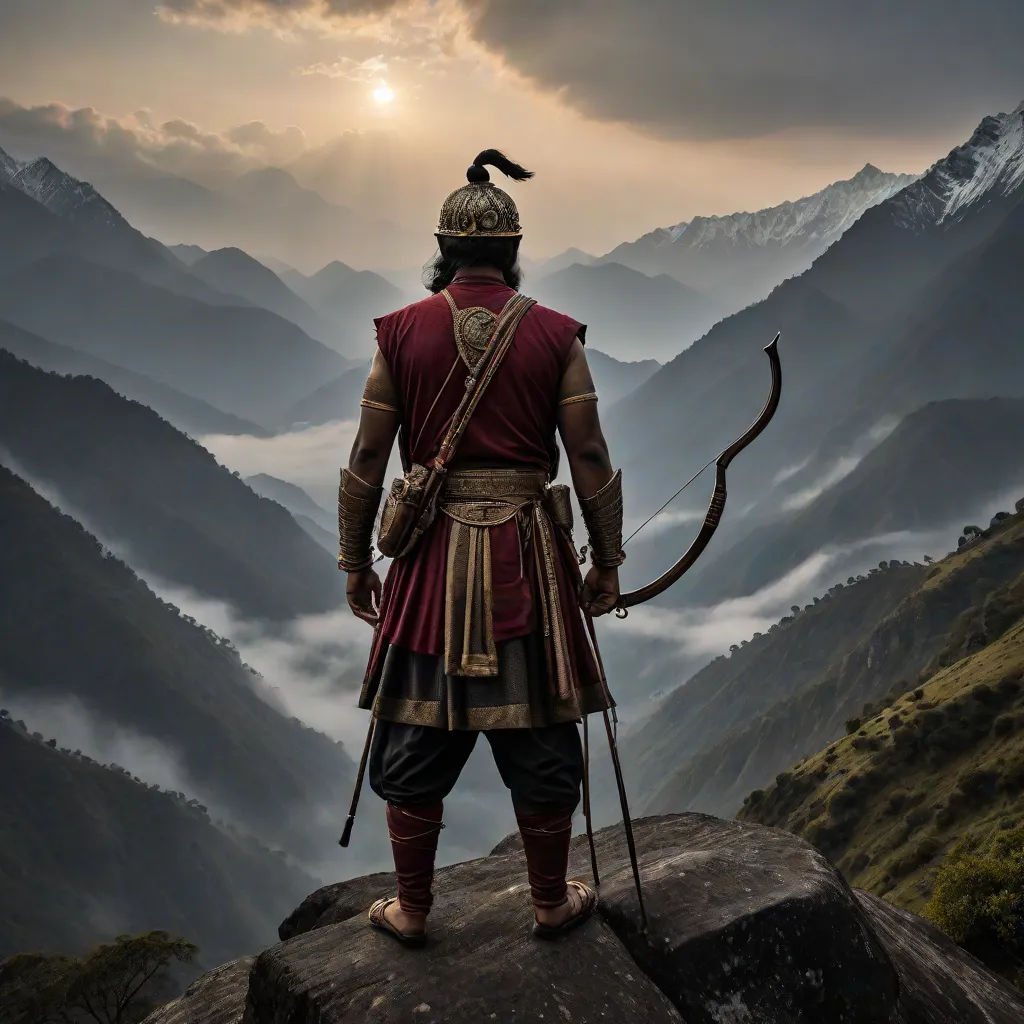 a man in a red and gold outfit standing on a rock with a bow and arrow in his hand, Daryush Shokof, samikshavad, a detailed matte painting, cinematic photography
