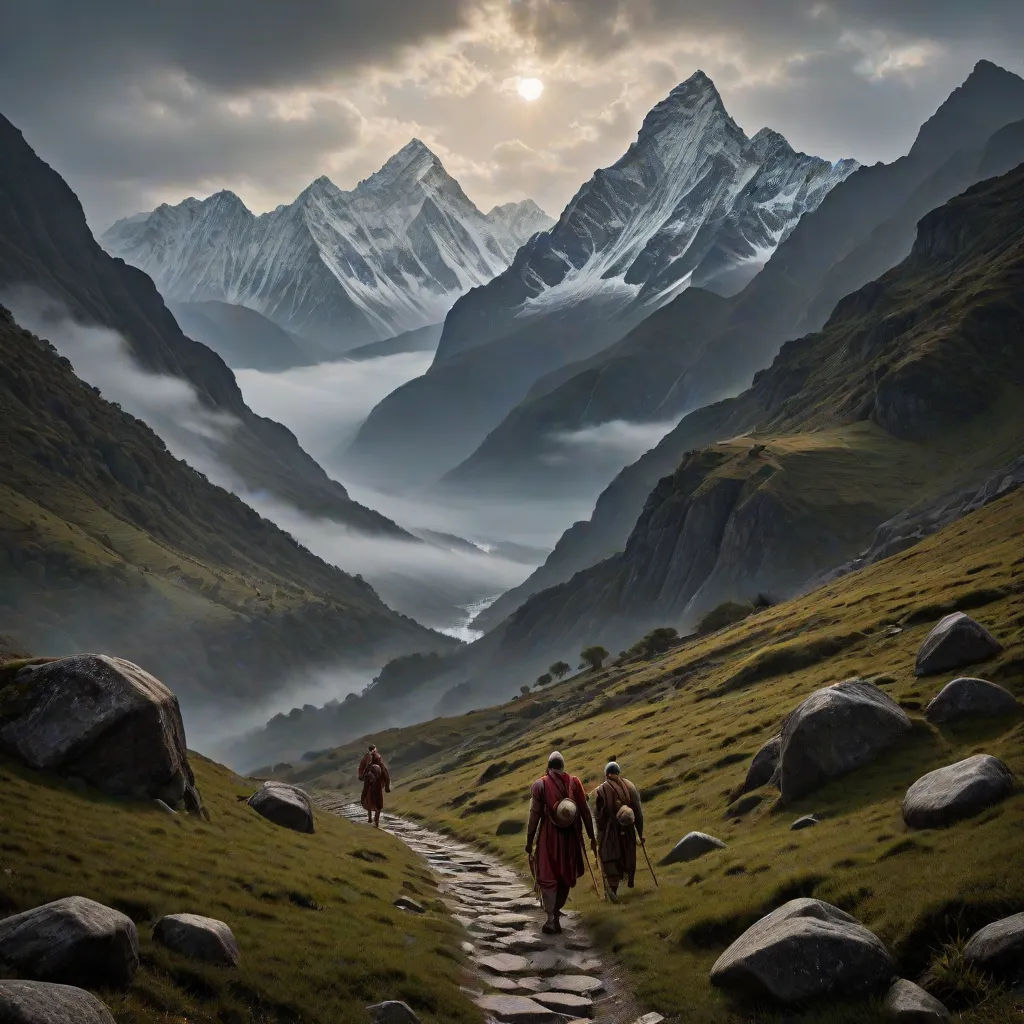 a painting of two people walking up a path in the mountains with a view of a valley and mountains, Christophe Vacher, fantasy art, a detailed matte painting, matte painting