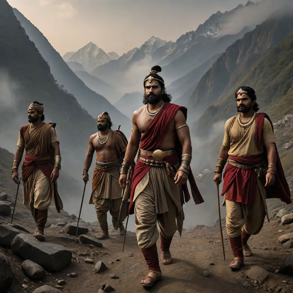 a group of men walking down a mountain side in costume and headdress, with mountains in the background, Bholekar Srihari, samikshavad, a detailed matte painting, cinematic photography