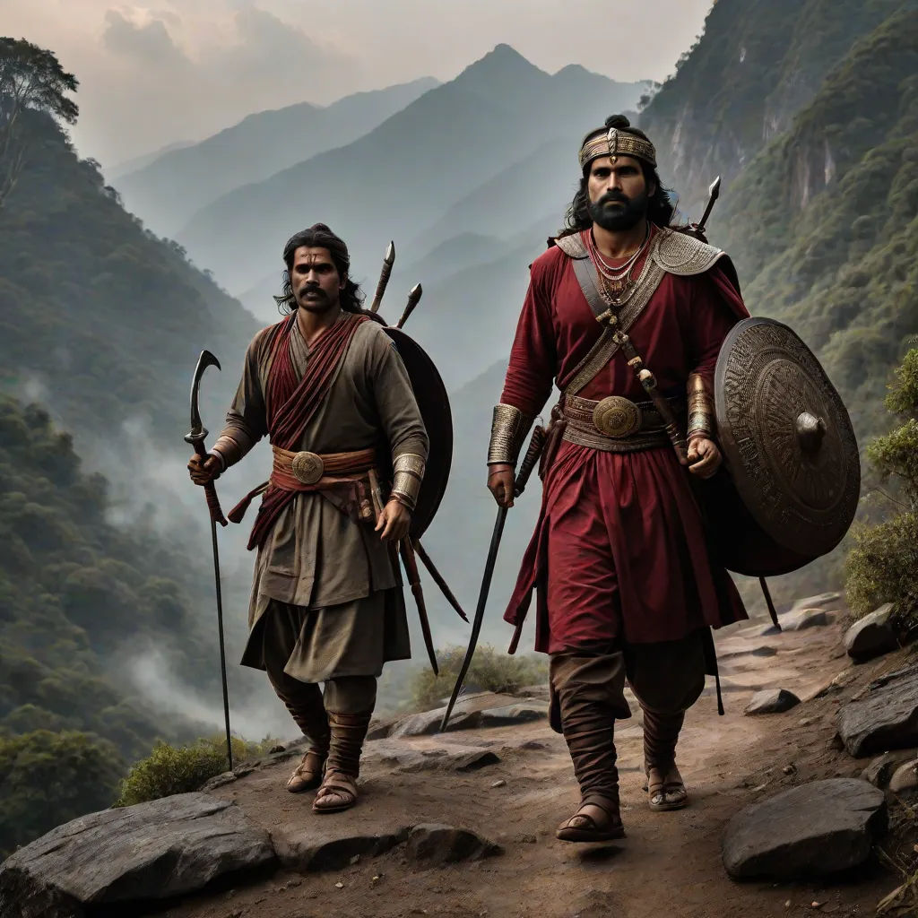 two men in ancient costumes walking on a path in the mountains with spears and shields on their heads and a shield on their shoulders, Bholekar Srihari, samikshavad, a detailed matte painting, vfx