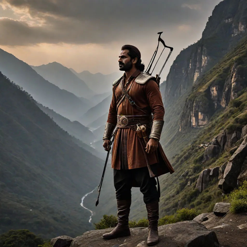 a man in a brown outfit holding a bow and arrow on a mountain top with a river below him, Bholekar Srihari, samikshavad, a detailed matte painting, cinematic photography
