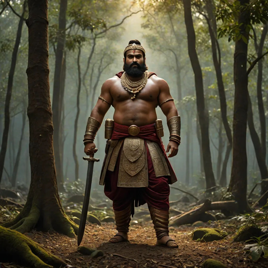 a man in a costume standing in the woods with a sword in his hand and a beard in his other hand, Bholekar Srihari, samikshavad, a detailed matte painting, promotional image