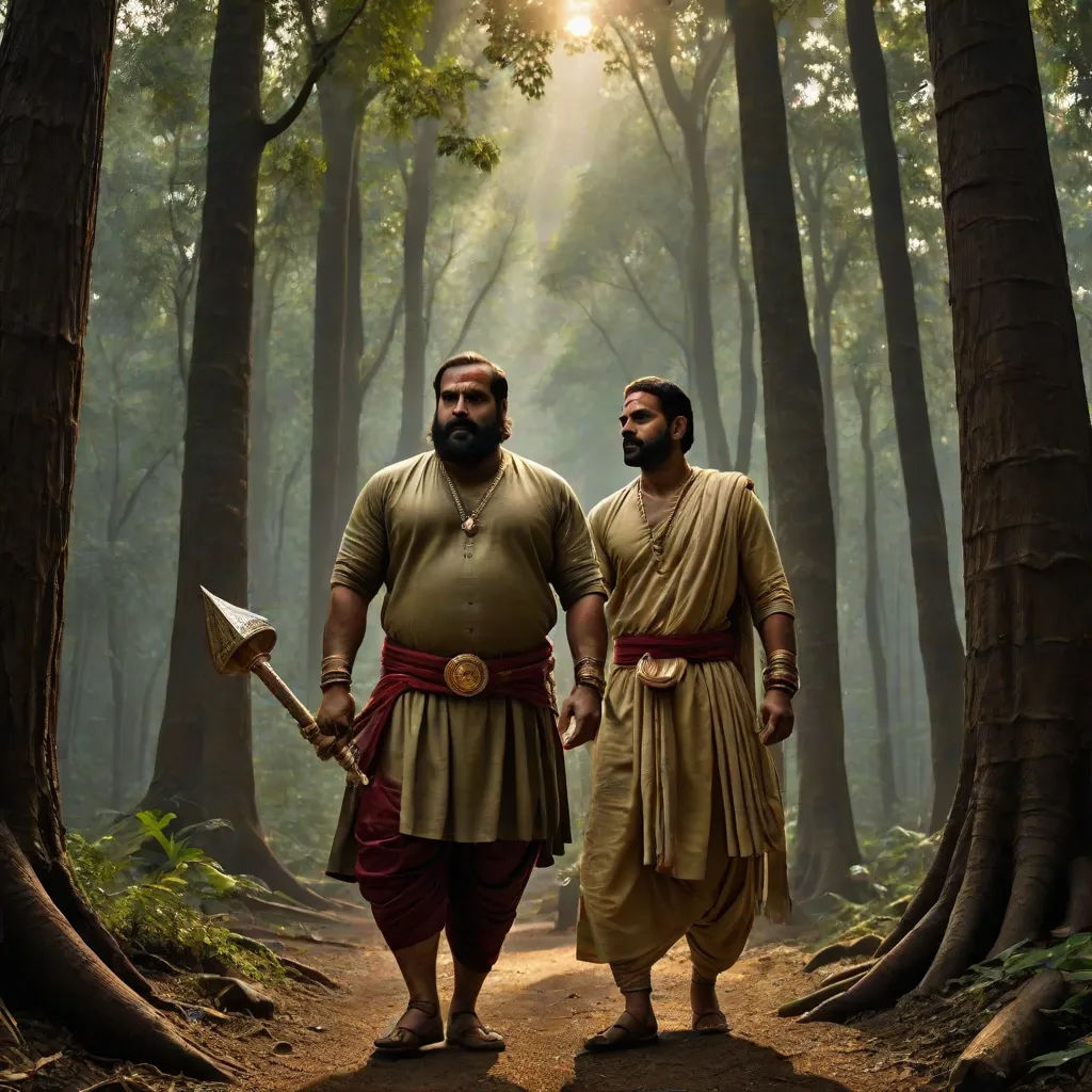 two men in ancient costumes standing in a forest with trees and sunlight shining through the trees behind them,, Bholekar Srihari, samikshavad, a detailed matte painting, movie still