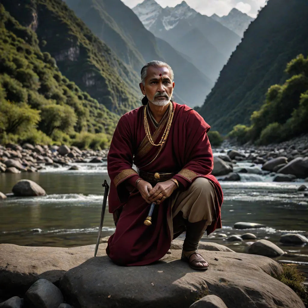 a man in a red outfit sitting on a rock next to a river with mountains in the background and a sword in his hand, Bholekar Srihari, samikshavad, a character portrait, cinematic photography