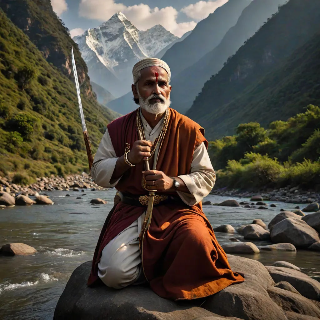 a man sitting on a rock holding a sword and a stick in his hand while sitting on a rock in a river, Bholekar Srihari, samikshavad, a detailed matte painting, cinematic photography