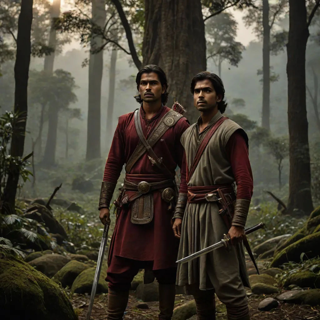 two men in roman costumes standing in a forest with trees in the background and a sun shining through the trees, Bholekar Srihari, samikshavad, a detailed matte painting, promotional image