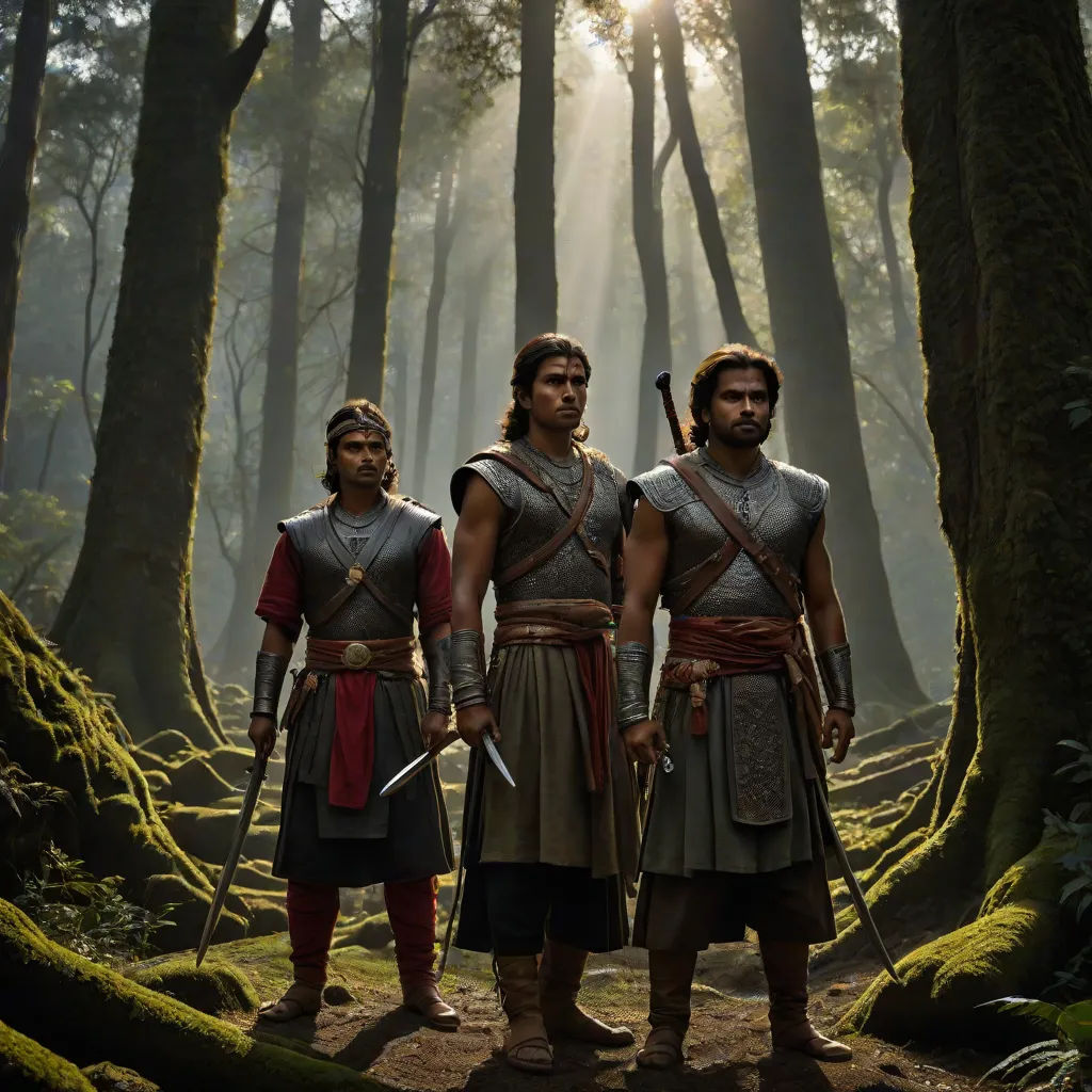 three men in roman armor standing in a forest with trees and moss on the ground and sunlight shining through the trees, Altoon Sultan, samikshavad, a detailed matte painting, promotional image