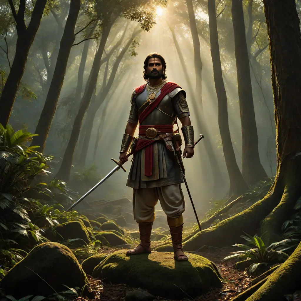 a man in a forest with a sword and a helmet on standing in the sunlight with a sword in his hand, Bholekar Srihari, samikshavad, concept art, promotional image