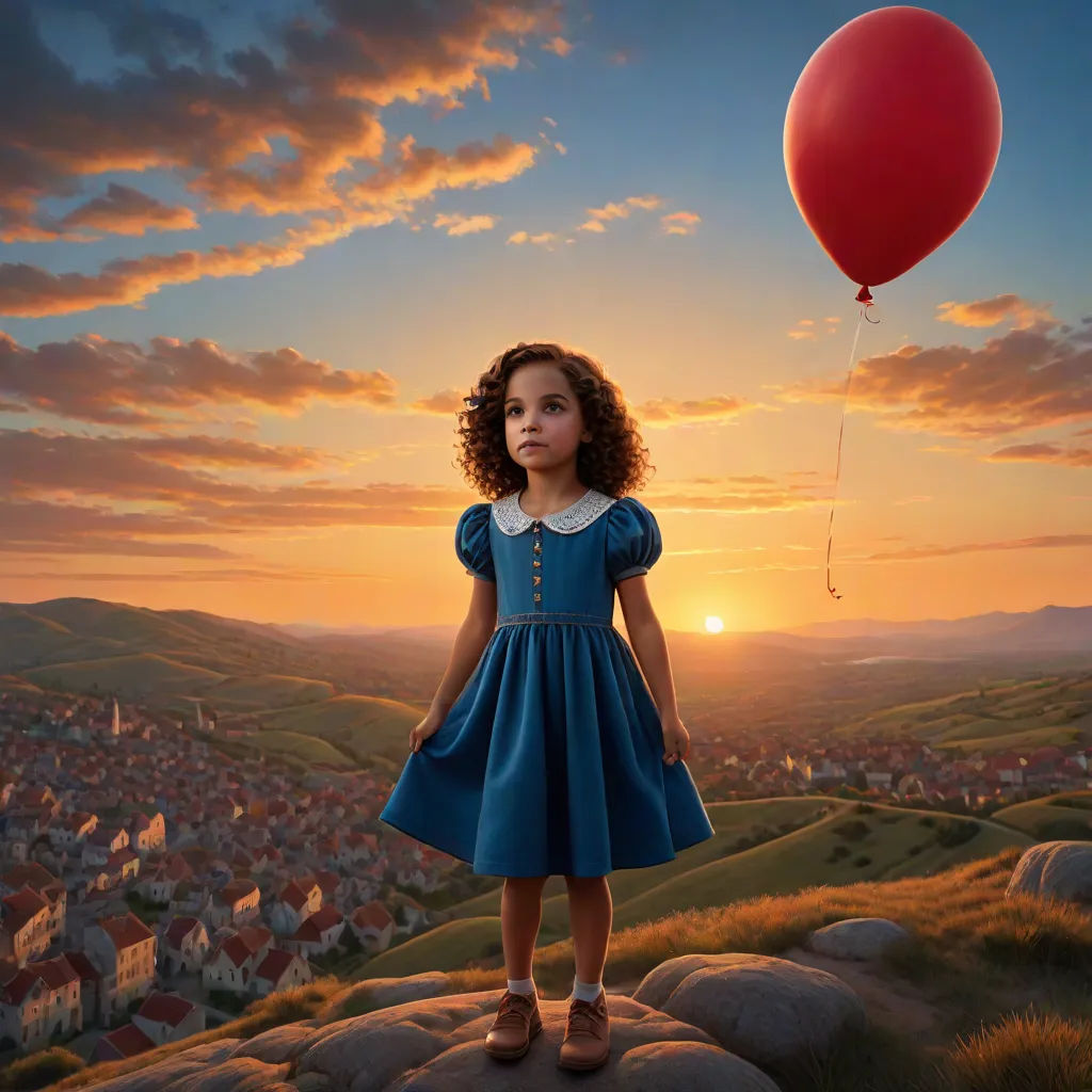 As she watched the sunset, she saw her red balloon floating far away, becoming a tiny dot in the sky.