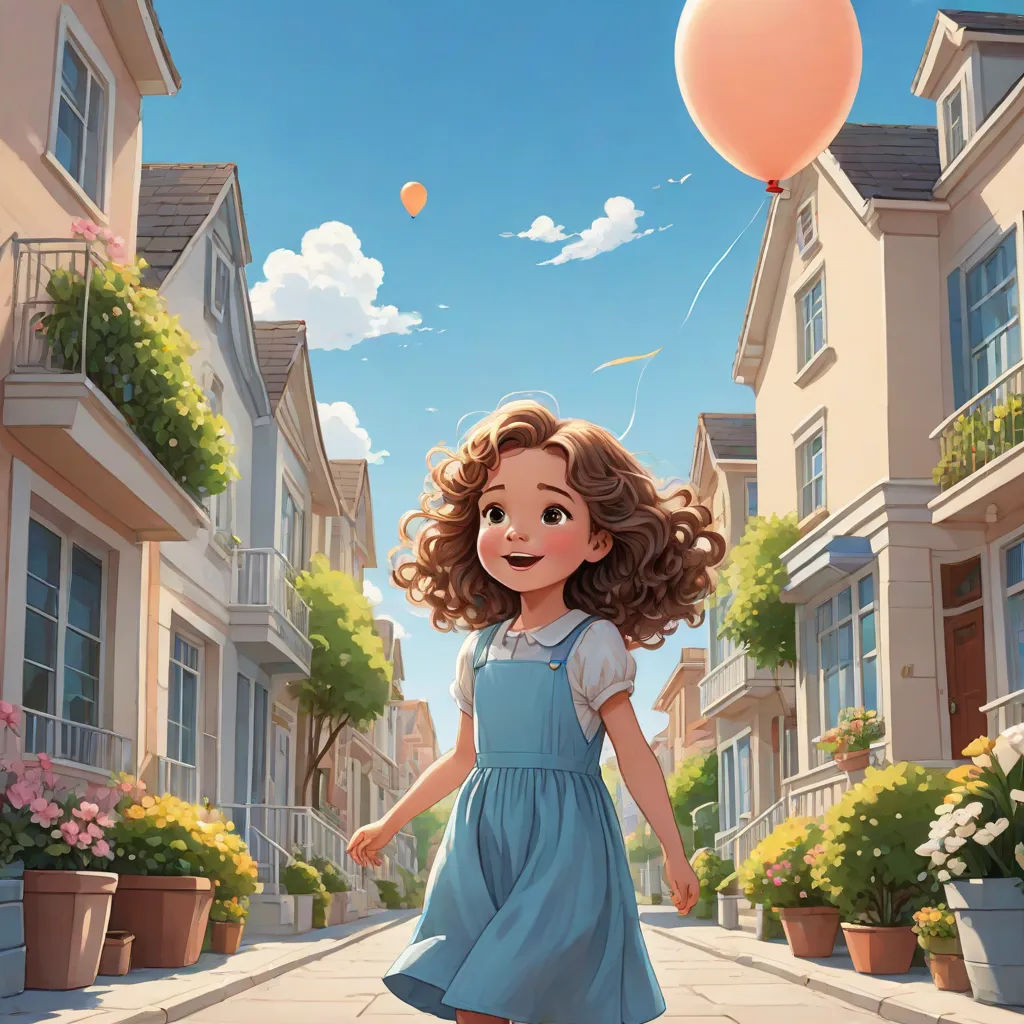 a girl in a blue dress is walking down a street with a balloon in the air above her head, Chris LaBrooy, magical realism, a storybook illustration, rossdraws global illumination