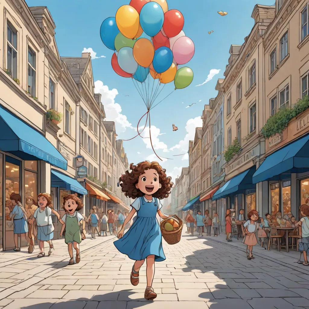 a cartoon girl holding a basket of balloons in a city street with people walking by on the sidewalk and on the sidewalk, Florence Engelbach, magical realism, a storybook illustration, official art