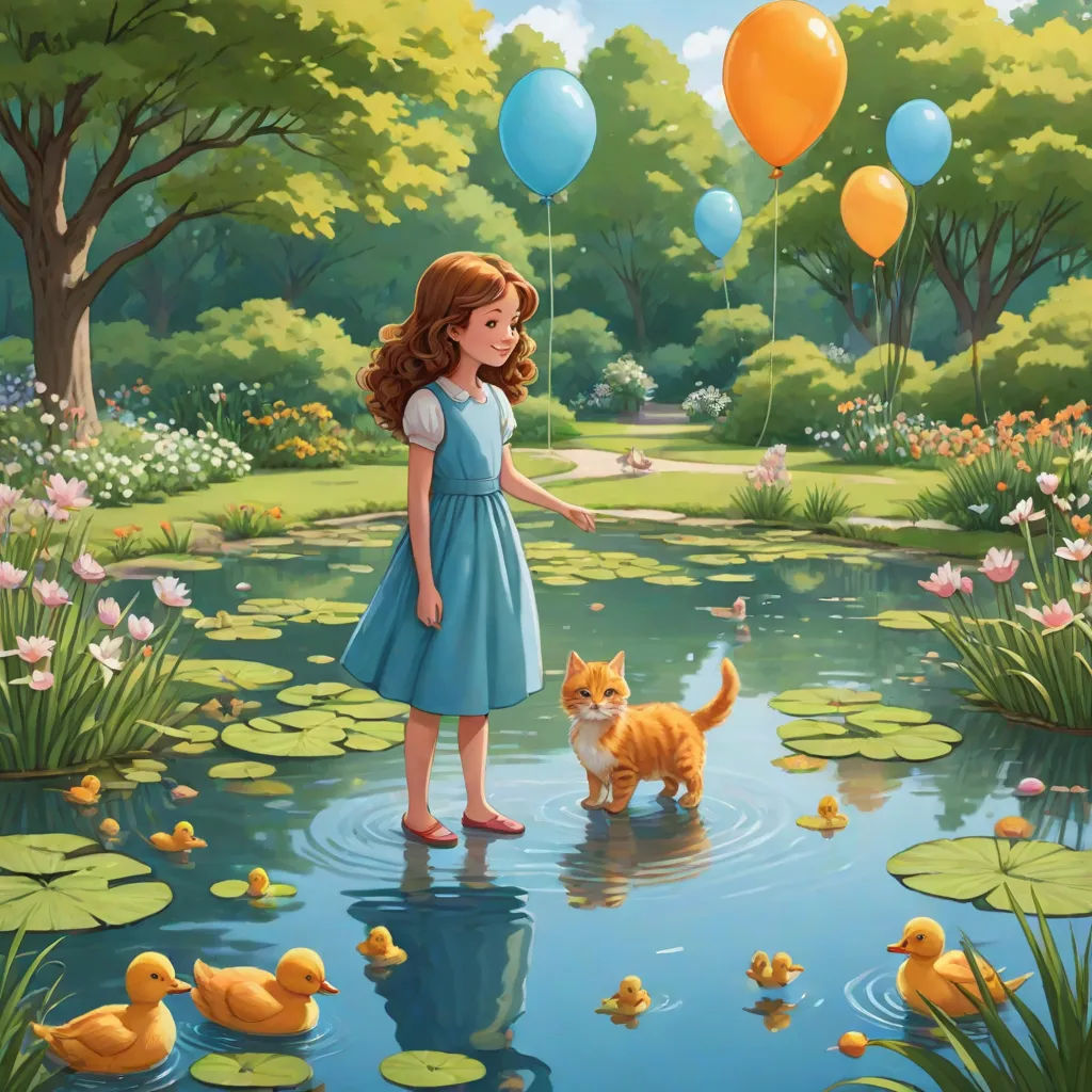 a girl in a blue dress is standing in a pond with a cat and ducks in the background and balloons floating in the air, Chris LaBrooy, magical realism, a storybook illustration, storybook illustration