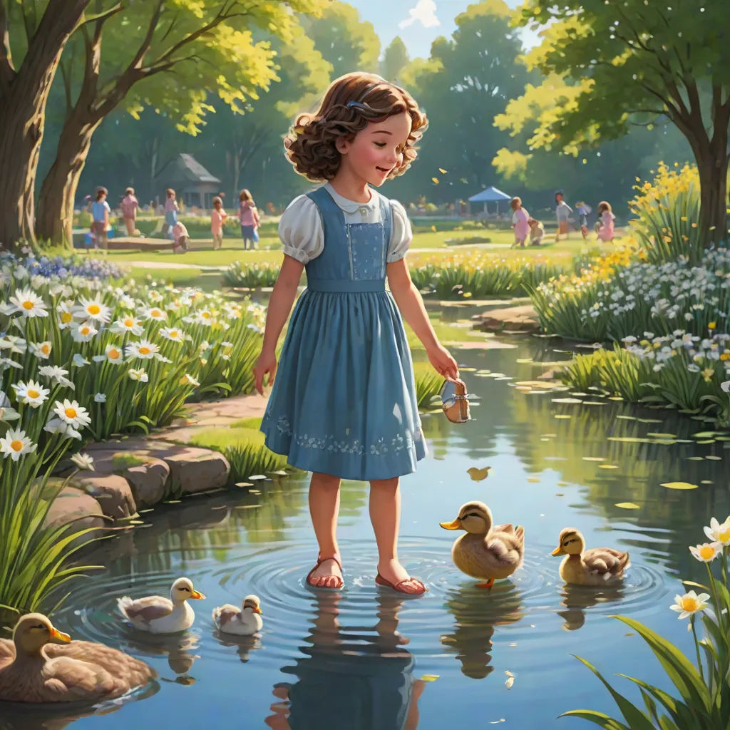 a painting of a girl feeding ducks in a pond of water with flowers and trees in the background and people in the background, Bob Byerley, american scene painting, a storybook illustration, storybook illustration