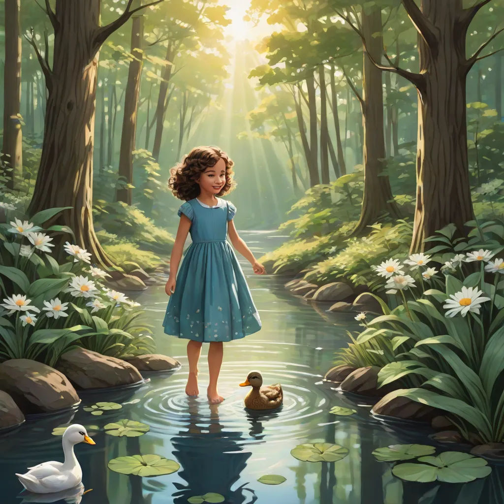 a painting of a girl standing in a pond with ducks and daisies in the background, with a forest scene in the foreground, Bob Byerley, magical realism, a storybook illustration, storybook illustration