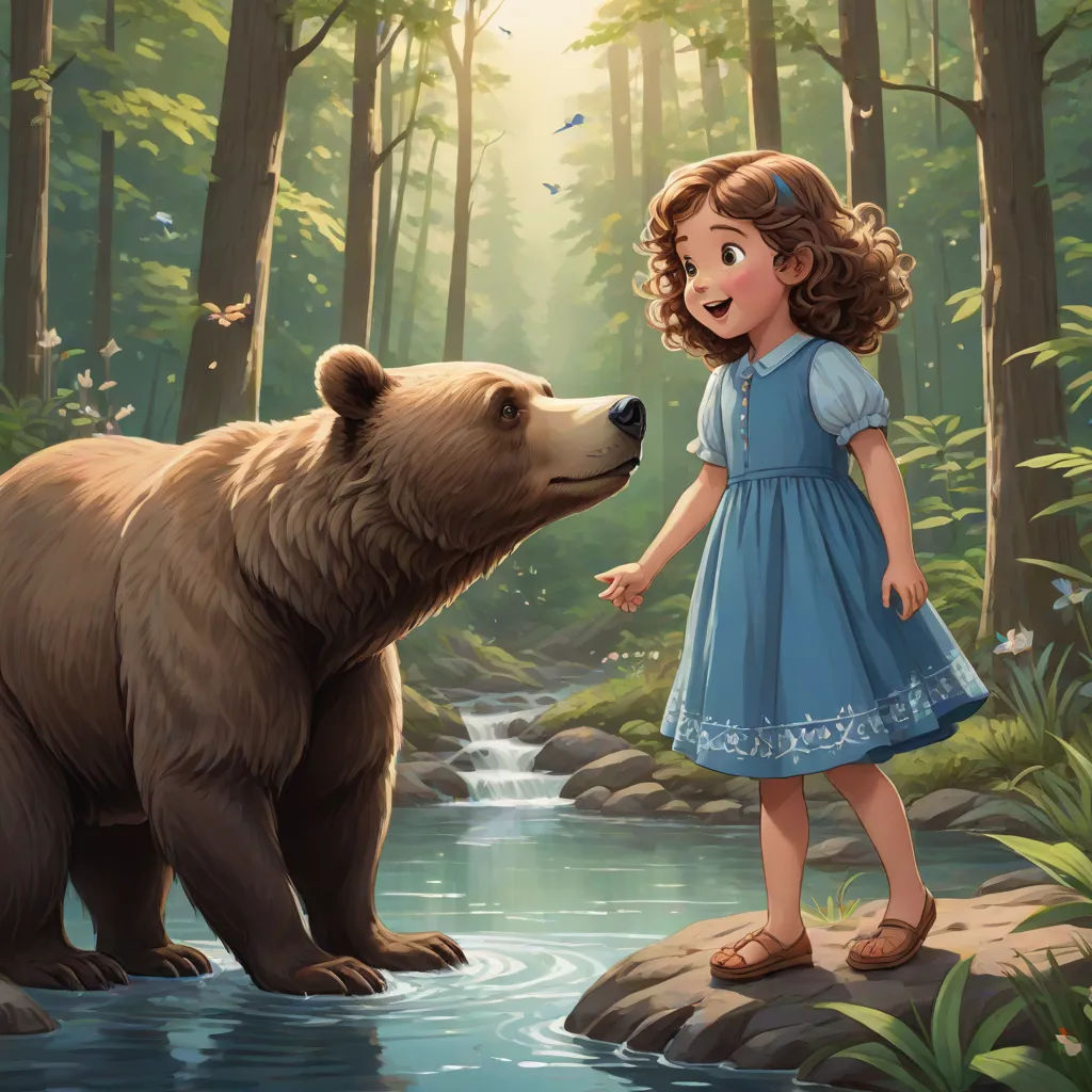 a girl standing next to a bear in a forest with a stream of water in front of her and a forest scene behind her, Aaron Jasinski, fantasy art, a storybook illustration, storybook illustration