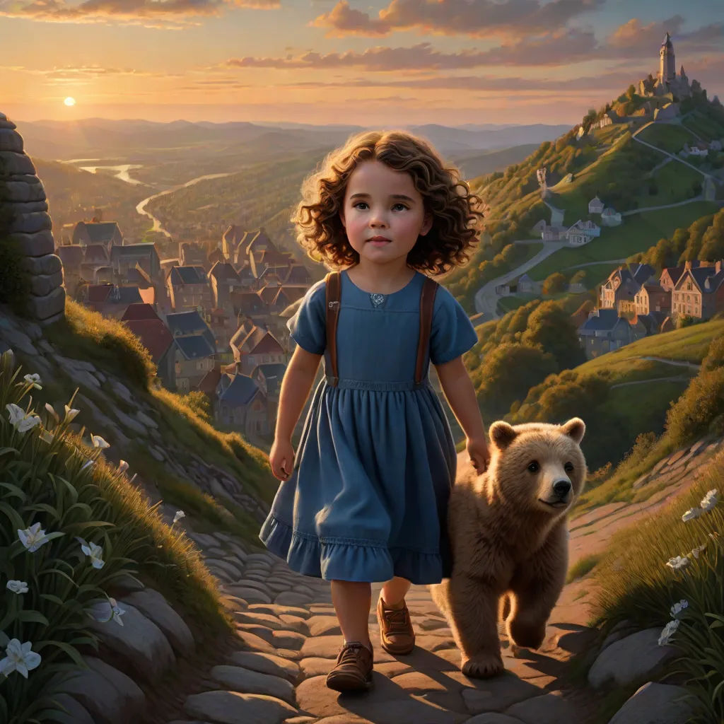 a painting of a little girl and a bear on a path to a village with a sunset in the background, Brad Kunkle, magical realism, a detailed matte painting, official art