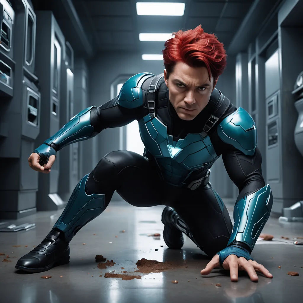 a man in a futuristic suit crouches down in a hallway with a knife in his hand and a knife in his other hand, antipodeans, a character portrait, Bedwyr Williams, promotional image