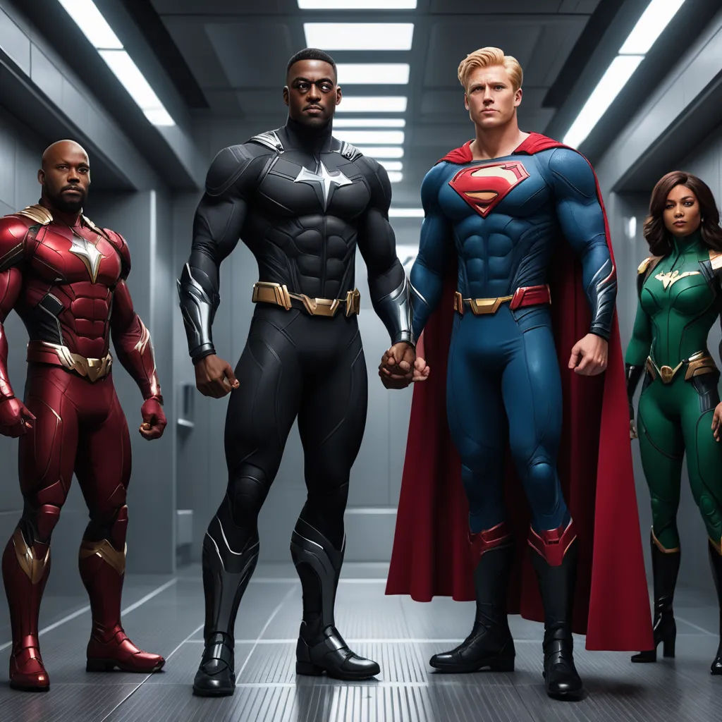 a group of superheros standing in a hallway together in costume for a movie or tv show or show, superflat, a poster, Everett Warner, promotional image