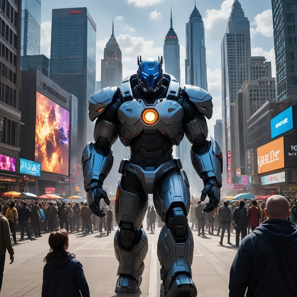 a giant robot standing in the middle of a city street with people walking around it and a crowd of people standing around, photorealism, concept art, Altichiero, mecha
