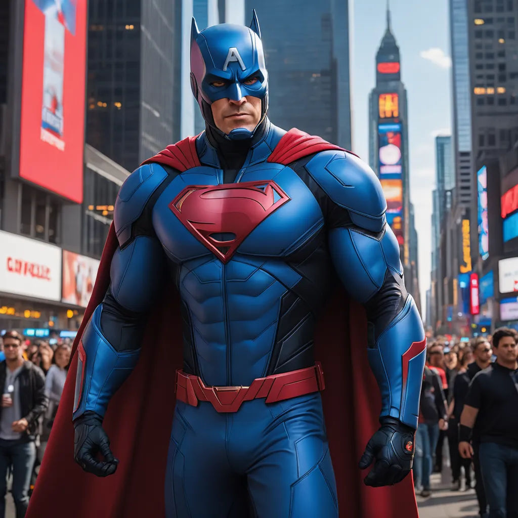 a man dressed as superman stands in a crowded city street in a costume that is part of a superman movie, superflat, a comic book panel, Altichiero, heroic pose