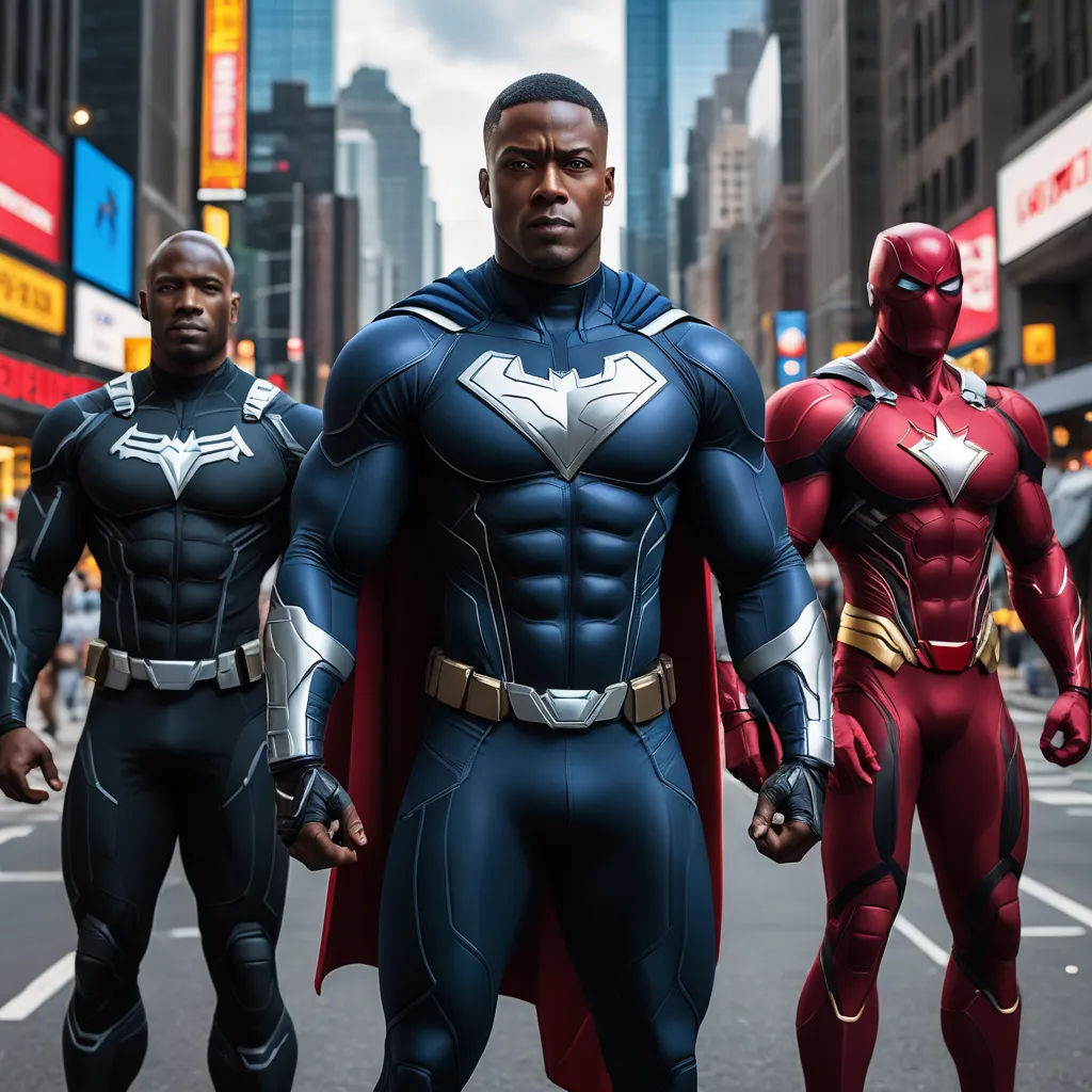 a group of superheros standing in the middle of a street in a city with tall buildings in the background, harlem renaissance, a comic book panel, Altichiero, promotional image